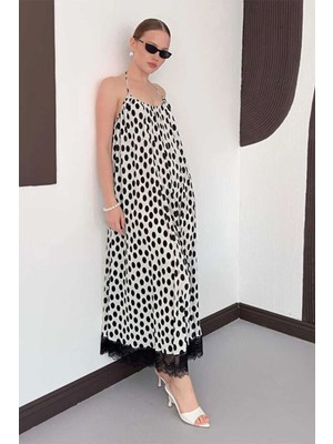 Very Moda D 3069 Dantel Detaylı Puantiyeli Plise Elbise | D3069