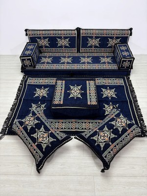 Bakırözü Home Yıldız Modeli Lacivert Otantik Şark Köşesi Takımı Konsepti - 9 Parça - Yer Minderi Seti (10 cm Minder Kalınlığı)