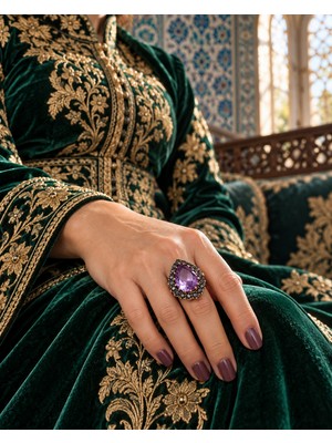Nurnova 4148 Mor Saltanat Bronz Renk Mor Damla Taşlı Vintage Kadın Yüzük