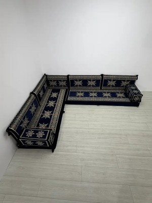 Bakırözü Home Yıldız Modeli Lacivert Otantik Şark Köşesi Takımı – L Set - Geleneksel Yer Minderi Seti (10 cm Minder Kalınlığı) 9 Parça
