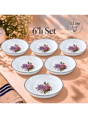 Emaye Muhallebi Yemek Kahvaltı Tabak Desenli 22CM , Çukur Tabak, Salata Tabak, Cips Tabak 6lı Set