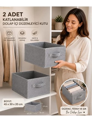 Mor Bebe 2 Adet Katlanabilir Dolap Içi Düzenleyici Kutu 45X30X20 cm | Kıyafet ve Giysi Organizer Saklama Kutusu Çok Amaçlı Sepet Renk: Antrasit Kumaş