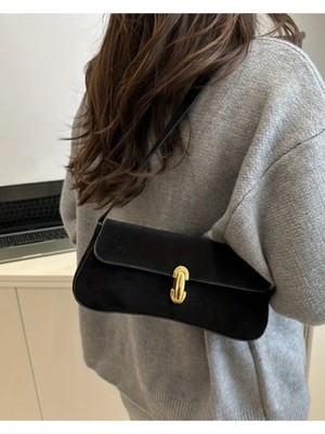 Era Boutique Tr Natalia Kadın Siyah Süet El ve Omuz Baget Çantası