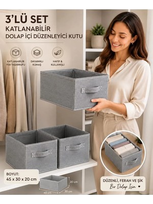 Mor Bebe Lüks 3 Adet Katlanabilir Dolap Içi Düzenleyici Kutu 45X30X20 cm | Kıyafet ve Giysi Organizer Saklama Kutusu Çok Amaçlı Sepet Renk: Antrasit Kumaş