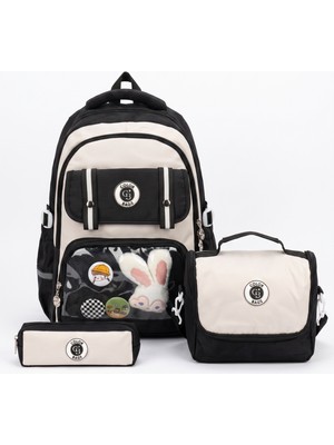Kawaii Kore Tarzı Aksesuarlı ve Ergonomik Okul Sırt Çantası Siyah-Bej-Gri| Beslenme, Kalemlik Set