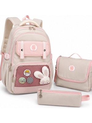 Kawaii Kore Tarzı Aksesuarlı ve Ergonomik Okul Sırt Çantası Siyah-Bej-Gri| Beslenme, Kalemlik Set