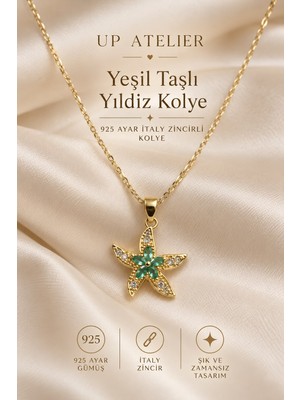 Up Atelier 925 Ayar Gümüş Ithal Zincirli Yeşil Zirkon Taşlı Yıldız Kolye 40-45CM Ayarlanabilir