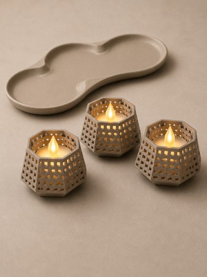 Ulu Pazarlama 3D Baskı Dekoratif Mumluk Seti - Desenli Tealight ve Masaüstü Aydınlatma Objesi-Bej