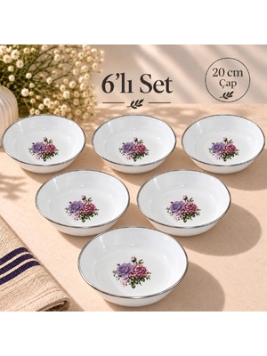 6 Lı Set Emaye Muhallebi Tabak 20 cm Desenli Yemek Kahvaltı Tabak Desenli Salata Cips Tabak Kase