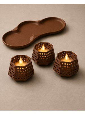 Ulu Pazarlama 3D Baskı Dekoratif Mumluk Seti - Desenli Tealight ve Masaüstü Aydınlatma Objesi-Kahverengi
