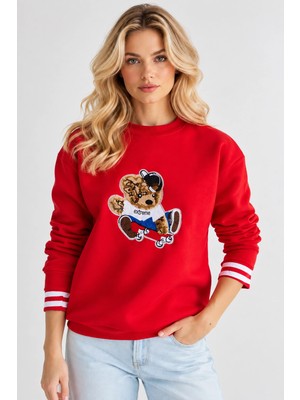 Mevese Oversize Teddy Kumaş Nakışlı Bisiklet Yaka Kadın Sweatshirt - Kırmızı