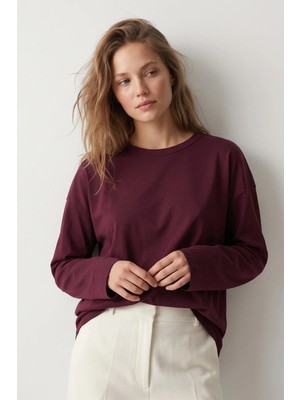 elemge %100 Pamuk Süprem Oversize Kadın Uzun Kollu T-Shirt Compact Penye Tok Yumuşak Kumaş Bol Kesim Nefes Alan Terletmez Yapı Basic Bordo Tişört