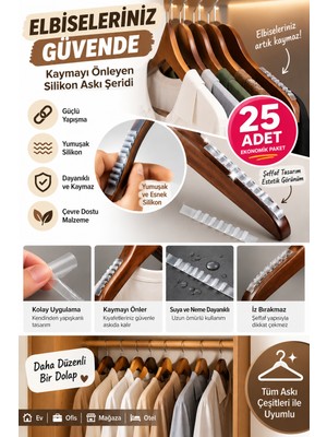 Doori Her Model Askıya Uygun Kendinden Yapışkanlı Silikon Askı Kaydırmaz Şerit – Şeffaf Elbise Askısı Kayma Önleyici Ped 25 Adet