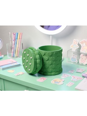 HCC 3D Baskı Kabartma Kalp Desenli Kapaklı Kalemlik - Masaüstü Organizer - Yeşil