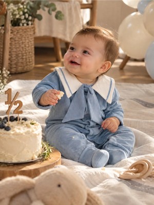 Omeca Concept Bebek Mavi Kadife Tulum Denizci Yaka Fiyonk Detaylı