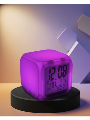 7 Renk LED Işıklı Dijital Küp Saat Termometreli