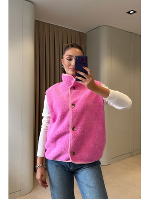 Magarde Düğmeli Premium Düğmeli Polar Yelek- Pembe