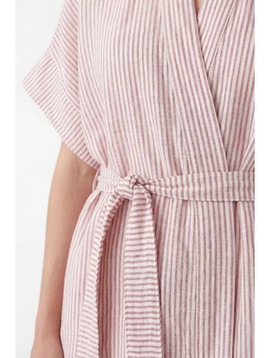 İkikız Crinkle Kırmızı Çizgili Kısa Kimono