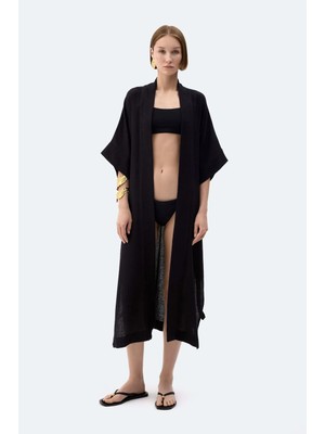 İkikız Siyah Keten Kimono