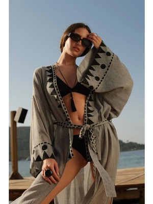 İkikız Gri Keten Baskılı Kimono