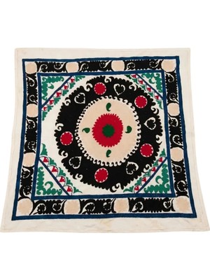 Etnik Bulvar Suzani Pamuk Beyaz Masa Örtüsü 130 x 136 cm