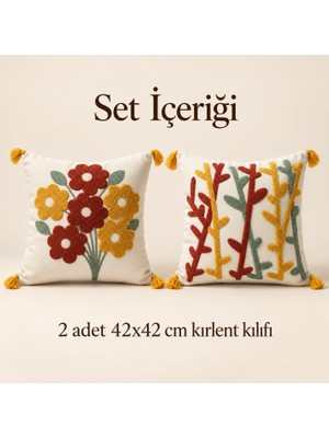 Destiva Home Çiçek ve Dal Punch Nakışlı 2’li Dekoratif Gizli Fermuarlı Püsküllü Kırlent Kılıfı Seti 42X42 cm