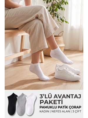Lykos Kadın Pamuklu Bilek Boy Sneaker Çorap 3'lü Paket Siyah - Gri - Beyaz
