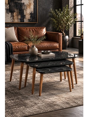 Odera Bendir Siyah Mermer Desenli Orta Sehpa ve Zigon Sehpa 4'lü Set Ahşap Torna Ayaklı Modern Salon Sehpası