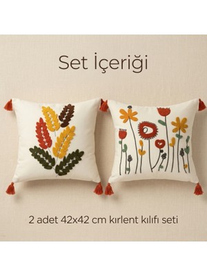 Destiva Home Çiçek Nakışlı 2’li Gizli Fermuarlı Püsküllü Dekoratif Kırlent Kılıfı Seti 42X42 cm