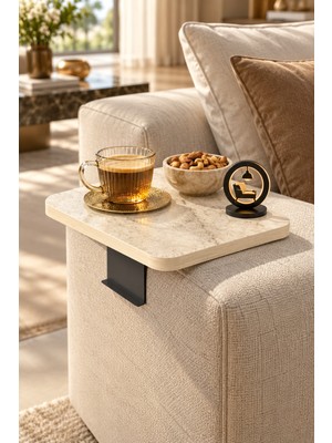 Odera Traverten Ekru Ayarlanabilir Koltuk Kolu Sehpası 40X40 cm Metal Destekli Modern C Sehpa