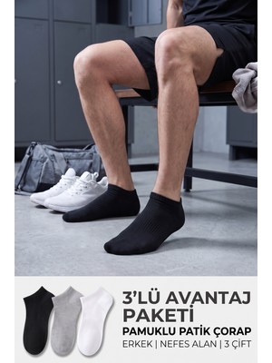 Lykos Erkek Pamuklu Bilek Boy Sneaker Çorap 3'lü Paket Siyah - Gri - Beyaz