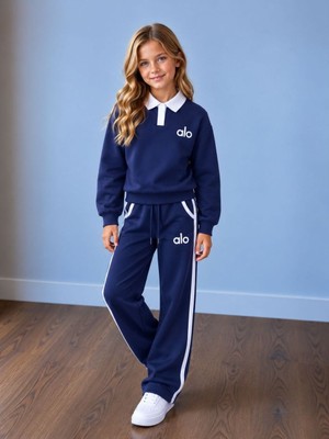 KR Kids Kız Çocuk Lacivert Polo Yaka Sweatshirt ve Ispanyol Paça Pantolon 2’li Takım