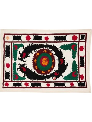 Etnik Bulvar Suzani Pamuk Beyaz Masa Örtüsü 120 x 180 cm