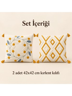 Destiva Home Geometrik ve Çelenk Desenli Gizli Fermuarlı Püsküllü Dekoratif Kırlent Kılıfı Seti 42X42 cm