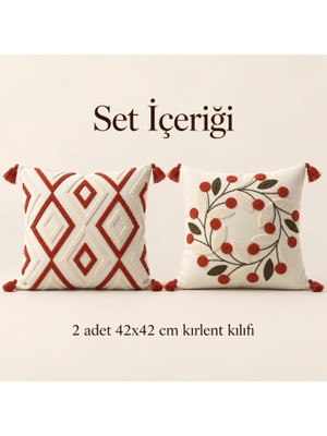 Destiva Home Geometrik ve Çelenk Desenli Gizli Fermuarlı Püsküllü Dekoratif Kırlent Kılıfı Seti 42X42 cm