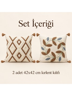 Destiva Home Geometrik ve Çelenk Desenli Gizli Fermuarlı Püsküllü Dekoratif Kırlent Kılıfı Seti 42X42 cm