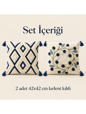 Destiva Home Geometrik ve Çelenk Desenli Gizli Fermuarlı Püsküllü Dekoratif Kırlent Kılıfı Seti 42X42 cm