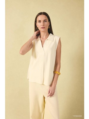 DeFacto Regular Fit Gömlek Yaka Keten Karışımlı Kısa Kollu Bluz H3127AX26SM