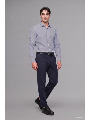 DeFacto Modern Fit Polo Yaka Çizgili Kırışık Dokulu Uzun Kollu Gömlek D6003AX26AU