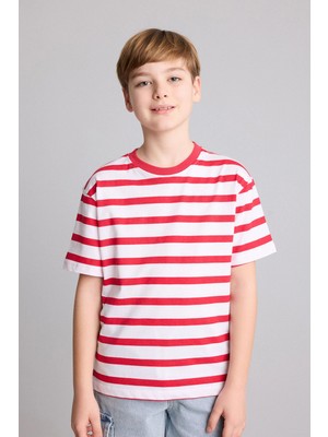 DeFacto %100 Pamuk New Regular Fit Bisiklet Yaka Çizgili Kısa Kollu Tişört Erkek Çocuk H4342A826HS