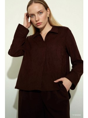 DeFacto Relax Fit Gömlek Yaka Süet Uzun Kollu Bluz G8951AX26SP