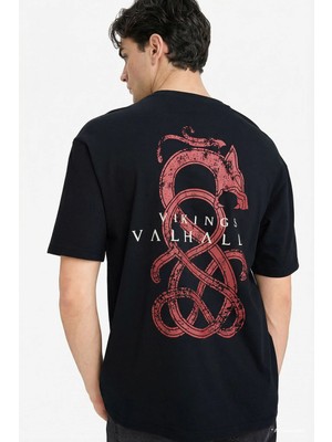 DeFacto %100 Pamuk Vikings Valhalla Boxy Fit Bisiklet Yaka Baskılı Kısa Kollu Tişört F8172AX26SP
