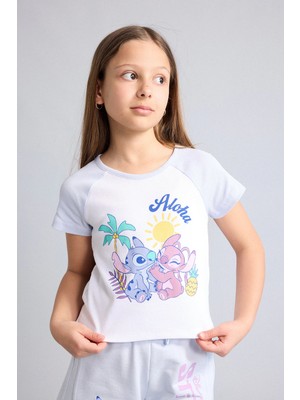DeFacto Disney Lilo & Stitch Fitted Bisiklet Yaka Ribana Kısa Kollu Beyaz Tişört Kız Çocuk H3477A826HS