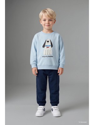 DeFacto %100 Pamuk Bisiklet Yaka Baskılı Sweatshirt Üst Esnek Belli Eşofman Altı 2'li Takım Erkek Bebek H8482A526AU