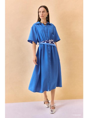 DeFacto Regular Fit Gömlek Yaka Beli Büzgülü Kısa Kollu Midi Elbise H6196AX26HS