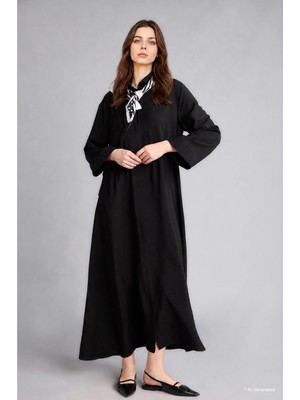 DeFacto Regular Fit Gömlek Yaka Uzun Kollu Siyah Maxi Elbise H5339AX26SM
