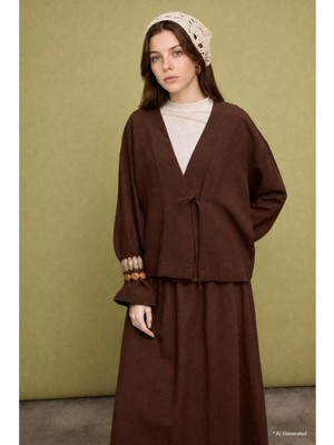 DeFacto Regular Fit Keten Karışımlı Kahverengi Kimono I1780AX26HS