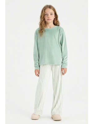 DeFacto Pijama Takımı Polar Uzun Kollu Üst Çizgili Uzun Alt Kız Çocuk D1068A825WN
