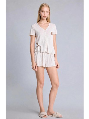 DeFacto Regular Fit Kısa Kollu Şortlu Bej Melanj Pijama Takımı H6328AX26AU