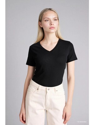 DeFacto %100 Pamuk Slim Fit V Yaka Basic Düz Ribana Kısa Kollu Tişört I1080AZ26SP